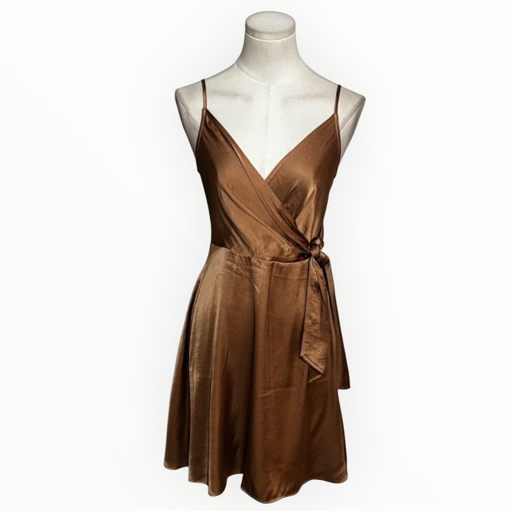 Express Gold Brown Satin Tie-Waist Mini Dress Sundress Resortwear Vacation XS - Picture 3 of 8